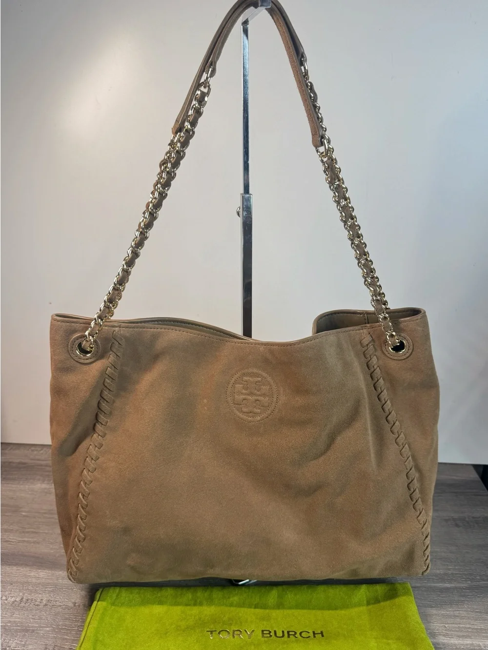 Tory Burch Marion Suede Tote Whipstitch Gold Chain Bag $498